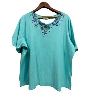 QUACKER FACTORY Womens Size 2X Sea Shells Embroidery Rhinestone Short Sleeve Top